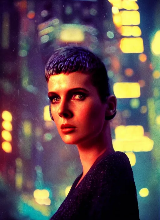 Image similar to A hyper realistic and detailed head portrait photography of a Rachael of Blade Runner on a futuristic street. by Annie Leibovitz. Neo noir style. Cinematic. neon lights glow in the background. Cinestill 800T film. Lens flare. Helios 44m