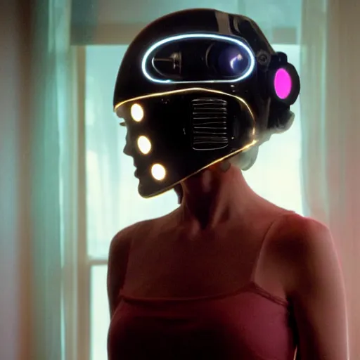 Prompt: movie still of a girl with a cyborg plants flowers helmet, cinematic composition, cinematic light, by edgar wright and david lynch