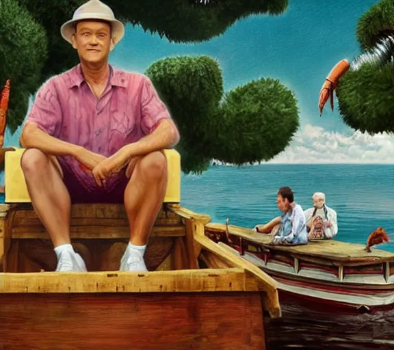 Image similar to Tom hanks as forrest gump sitting in a giant shrimp boat, majestic beautiful world, digital art, amazing detail, artstation, in the style of maurice sendak