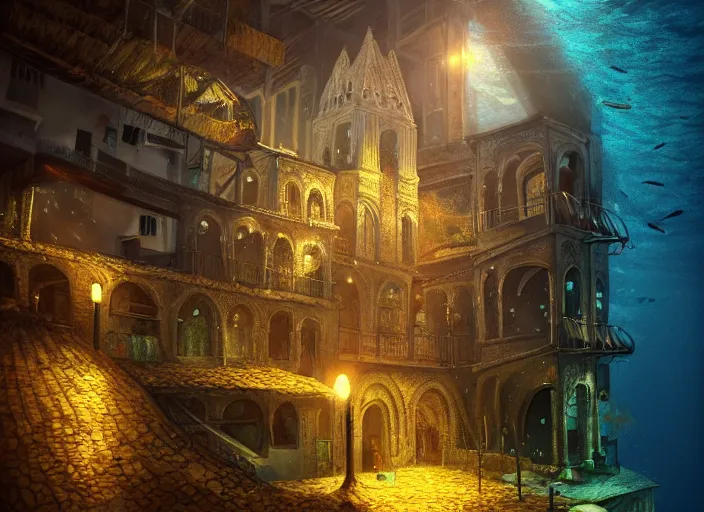 Image similar to cathedral favela, underwater environment, scenery, professional, award - winning, trending on artstation, hyper detailed, realistic, beautiful, emotional, shiny, golden, picture