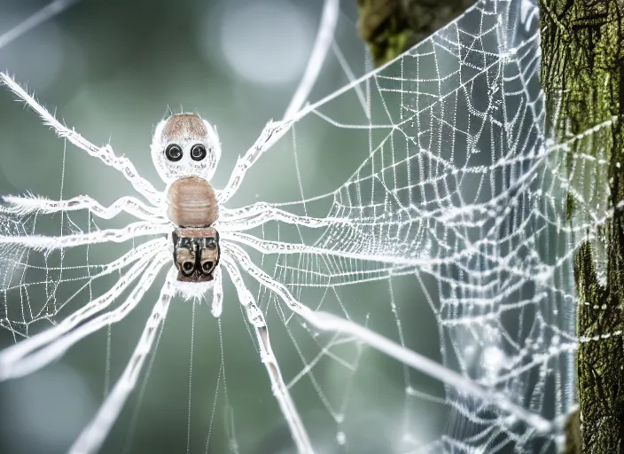 Image similar to super macro of a clear white crystal spider with cybernetics, in the forest. Fantasy magic style. Highly detailed 8k. Intricate. Nikon d850 300mm. Award winning photography.