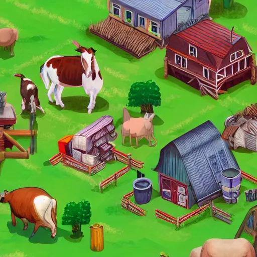 Prompt: a farm town game with lots of farm animals, a screenshot by cicely hey, artstation, magic realism, 2 d game art, isometric, full of details