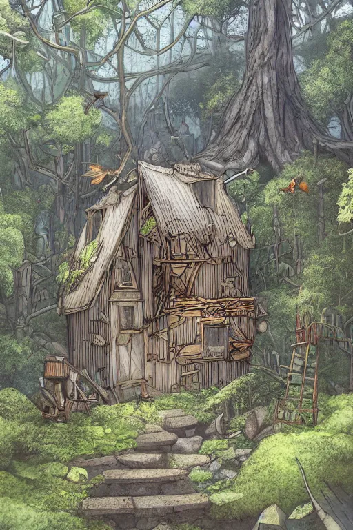 Image similar to Ultra realistic illustration of a ramshackle multistory fairytale hut in the forest