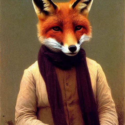 Image similar to A portrait of a fox in a scarf by William-Adolph Bouguereau, fox wearing a scarf