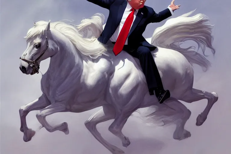 Image similar to donald trump on a majestic white horse, digital painting, artstation, concept art, smooth, sharp focus, illustration, in - frame, centered, art by artgerm and donato giancola and joseph christian leyendecker, ross tran, wlop
