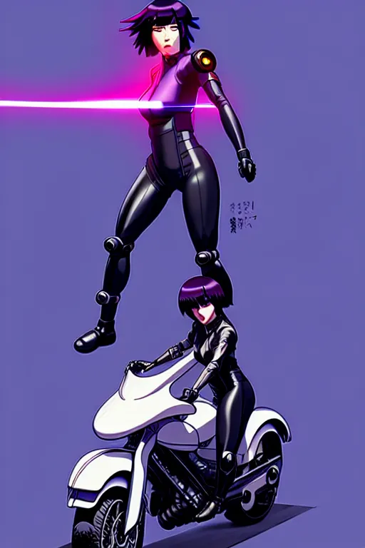 Image similar to a fullbody pose of motoko kusanagi riding futuristic motorbike, the major ghost in the shell : : stand alone complex, the laughing man, netflix : : by ilya kuvshinov, rossdraws, artgerm, sola digital arts, anti aliasing, raytracing : :