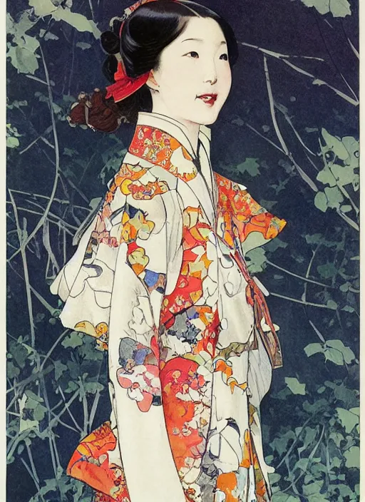 Image similar to a copic maker art nouveau portrait of a japanese girl detailed features wearing a weeding dress and an anorak designed by balenciaga by john berkey, norman rockwell akihiko yoshida