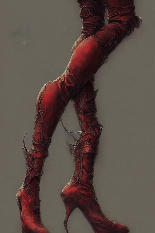 Image similar to red women's boots, shoes only, by wlop, by luis royo, by peter mohrbacher, concept art, digital illustration, intricate, masterpiece, elegant, super detailed, unreal engine rendering, smooth, sharp focus, artstation hq