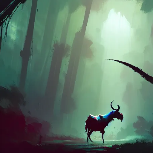 Image similar to ismail inceoglu and jama jurabaev's concept art, cel shadow, film shooting, trends on artstation, high quality, brush strokes, bright colors, giant demon goat skull in mysterious rainforest - w 8 9 6