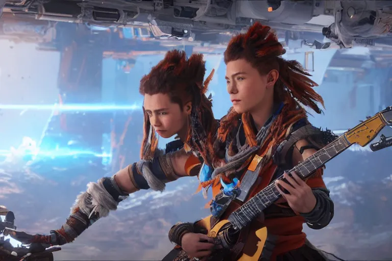 Image similar to cinematic picture of aloy from the horizon zero dawn videogame playing the guitar in the international space station, unreal engine 5