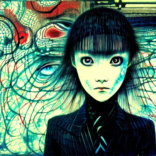 Image similar to yoshitaka amano blurred and dreamy three quarter angle portrait of a young woman with white hair and black eyes wearing dress suit with tie, playstation 2 horror game, junji ito abstract patterns in the background, satoshi kon anime, chungking express color palette, noisy film grain effect, highly detailed, renaissance oil painting, weird portrait angle, blurred lost edges