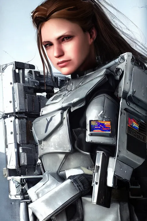 Image similar to portrait photo of beautiful young female space police officer, clothed in military armor, long hair blowing in the wind, from metal gear. Future war zone behind her. by Anita Sadowska