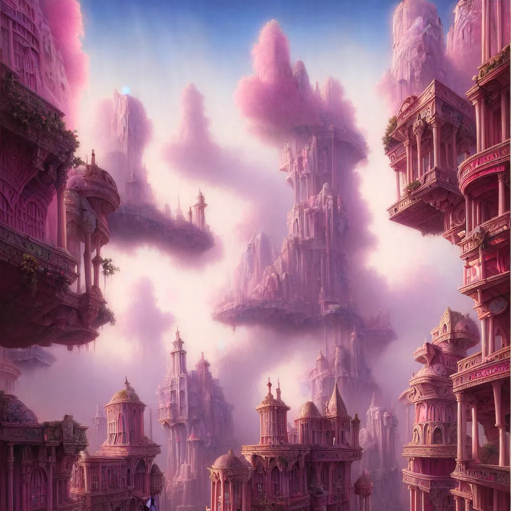 Prompt: a beautiful render of pink and white city in the air, by hubert robert, daniel merriam, roger dean and jacek yerka, alex grey style, soft lighting,, 5 - dimensional, 5 d, overdimensional