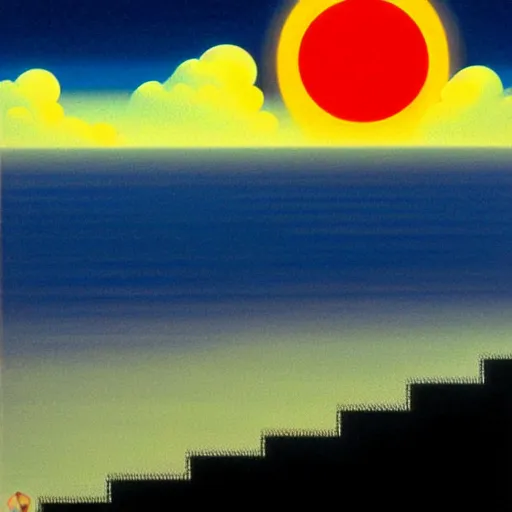 Image similar to hiroshi nagai painting. the sun has a face with many eyes and teeth. seen through the fog