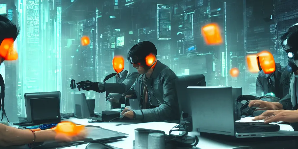 Prompt: 3 gards in an office hacking into a computer using a laptop, matrix style falling orange text in the background, cyberpunk, artstation