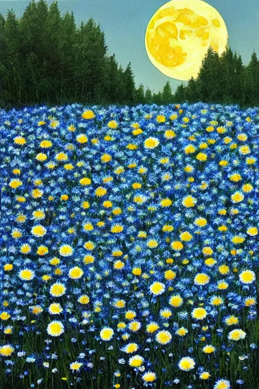 Prompt: night, the moon is shining in blue, ( ( ( ( ( ( ( ( the blue color of the moon ) ) ) ) ) ) chamomile field!!!!!, unfinished house!!!!!, shadows from trees, ( ( ( hyperrealism ) ) )