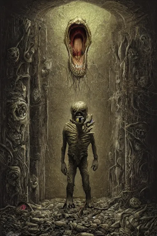 Prompt: a small ghoul creeping around a bedroom. he is laughing maniacally. art by peter mohrbache and tomacz alen kopera.