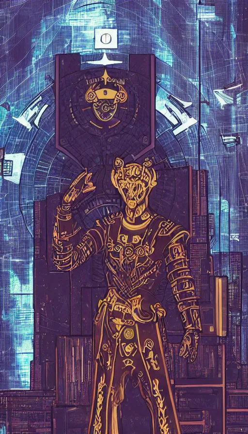 Image similar to a tarot card of the emperor, cyberpunk themed art, concept art