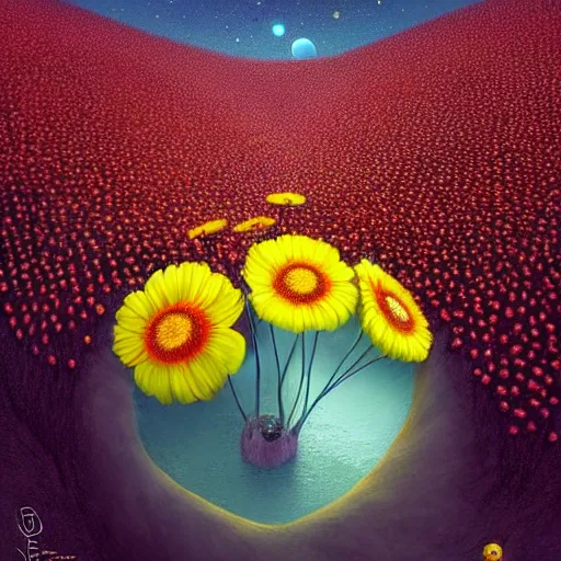 Prompt: by Gediminas Pranckevicius, Not often, but occasionally. A star is born in a flower. Nestled in a soft bed of pollen and petals it can grow in the most unlikely of places. Just waiting for a lucky creature to find it,night star sky background Galaxys, red and yellow flower