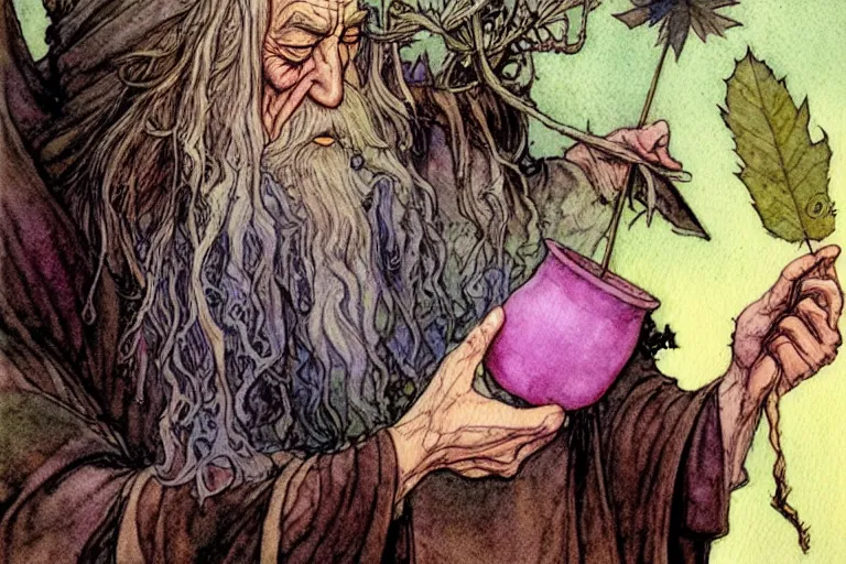 Prompt: a realistic and atmospheric watercolour fantasy character concept art portrait of gandalf with pink eyes freaking out with a pot leaf nearby, by rebecca guay, michael kaluta, charles vess and jean moebius giraud