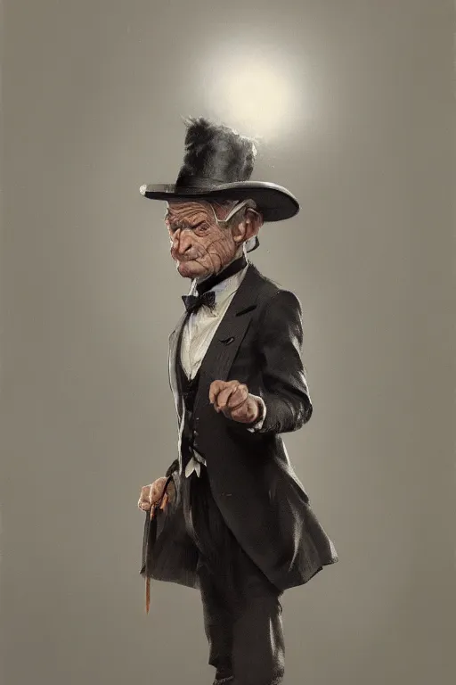 Image similar to a grey hair ageing halfling short with stubble top hat and suit by Greg Rutkowski, painting, HD, high details, trending on artstation