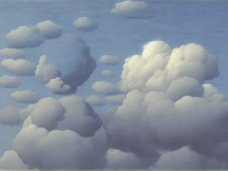 Image similar to man hidden behind cloud, painting by rene magritte, high detail, high resolution