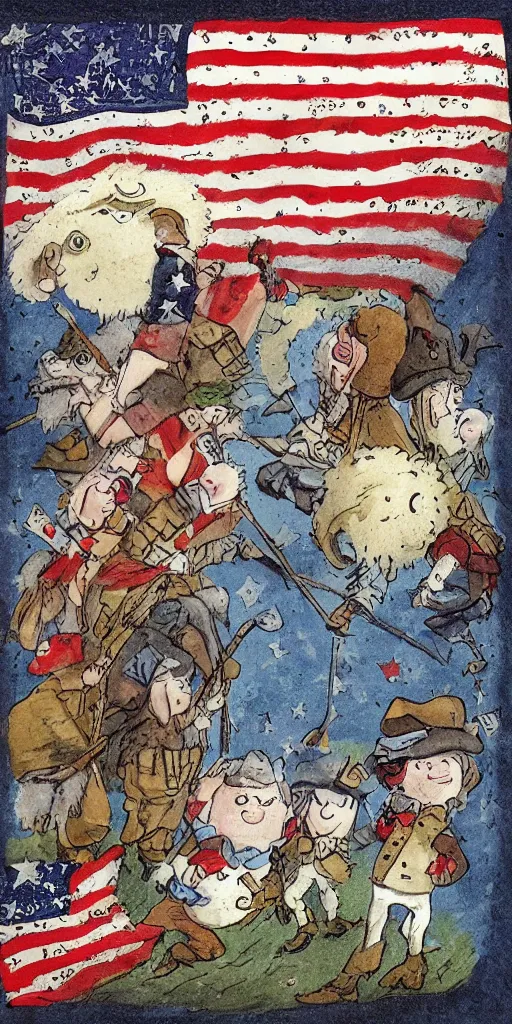 Image similar to a 1 7 7 6 4 th of july day scene with american and british soldiers by alexander jansson, joel fletcher, owen klatte, angie glocka, justin kohn, maurice sendak. 4 th of july day color palette.