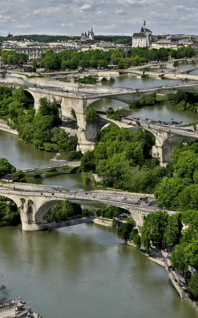 Prompt: pont d'aquitaine in bordeaux turned into paradisiac jungle, photorealistic, artistic, epic