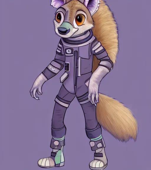 Image similar to digital detailed full body of anthromorphic female hyena, in style of zootopia, zootopia, zootopia, fursona, furry, furaffinity, 4 k, deviantart, wearing astronaut outfit, in style of zootopia, floating in space, space background, in deep space, dark background, hyena fursona, cyberpunk, female, stylized face,