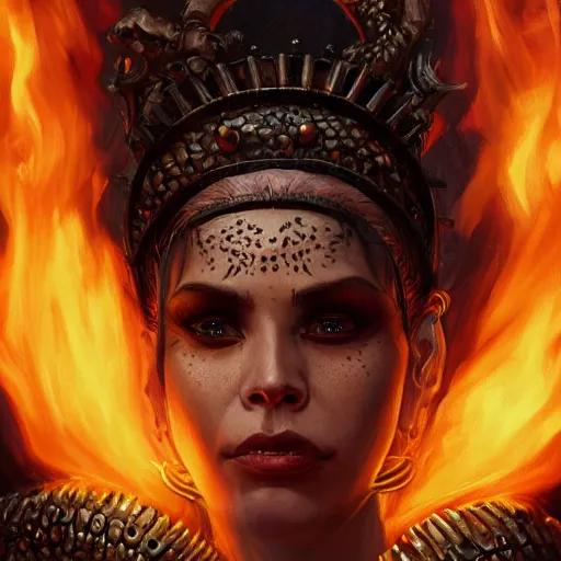 Image similar to Closeup of realistic Sumerian Death Queen with small bones covering vest and flowing fire and smoke , fantasy, intricate, elegant, highly detailed, digital painting, artstation, concept art, matte, sharp focus, illustration, hearthstone, art by Artgerm and Greg Rutkowski and peter mordenbacher