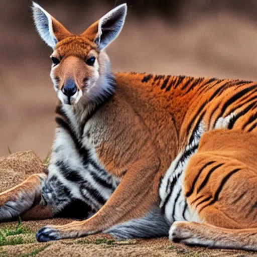 Image similar to a kangaroo with tiger stripes and a big red beard