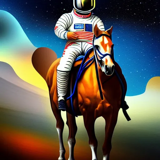 Prompt: a man with a horse nask on his head is riding on astronaut, fine details, concept art
