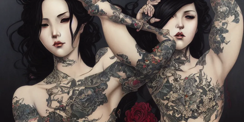 Prompt: portrait of a goth yakuza girl with tattoos, intricate, elegant, highly detailed, digital painting, artstation, concept art, smooth, sharp focus, illustration, art by artgerm and greg rutkowski and alphonse mucha and william - adolphe bouguereau