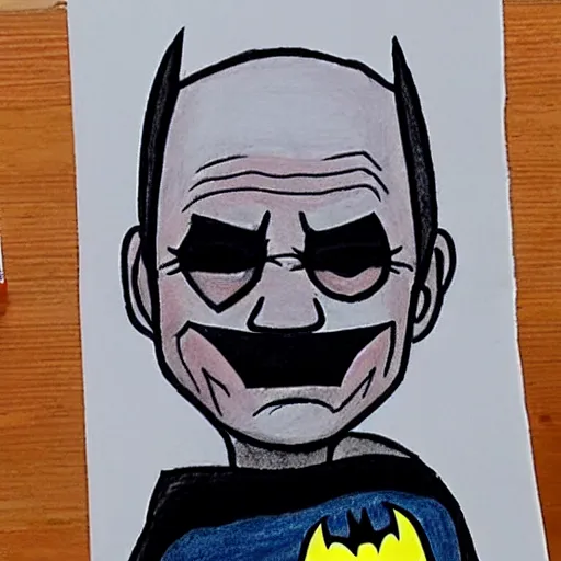 Image similar to a children's drawing of joe biden as batman, crayon, paper