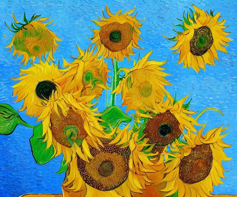 Image similar to sunflowers, van gogh, water painting, bright colors, sunlight, happy, peaceful, serene, joy