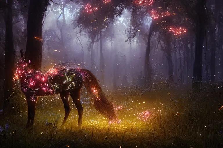 Image similar to a stunning horse made of fireflies with a thick mane of bioluminescent vines and flowers running through the woods by greg rutkowski, high key lighting, volumetric light, digital art, highly detailed, fine detail, intricate, ornate, complex, octane render, unreal engine, photorealistic