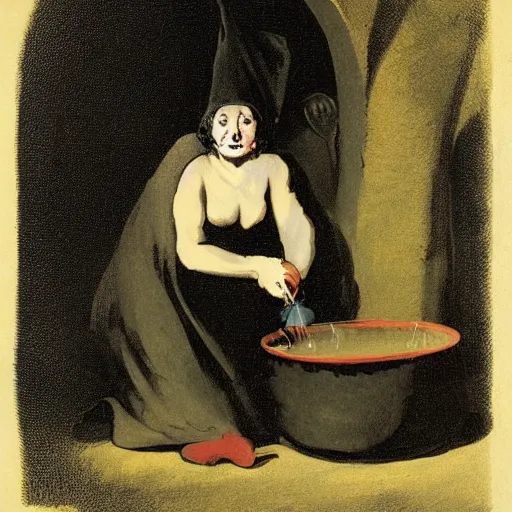 Image similar to An old witch dressed in black making potions in her cauldron. By Francisco de Goya.