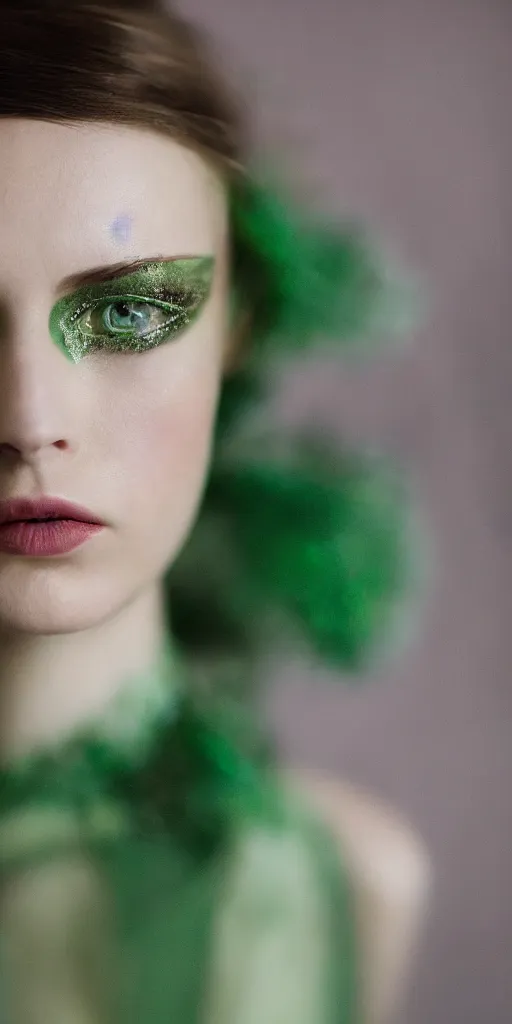 Image similar to fashion photography beautiful green eyes, close up shot, haute couture dresses by balenciaga, canon ef 1 0 5 mm f / 2. 8 the grand budapest hotel