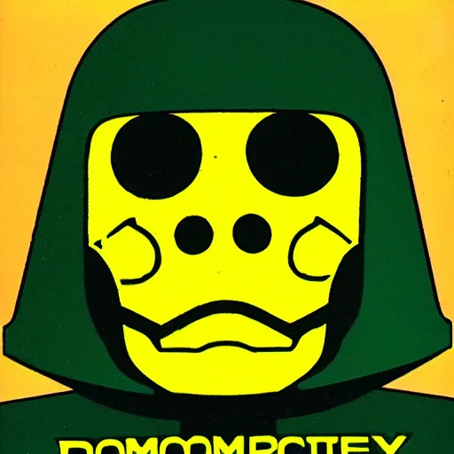 Image similar to portrait of a mutant chronicles bauhaus doomtrooper, wearing green battle armor, a yellow smiley sticker centered on helmet, by moebius