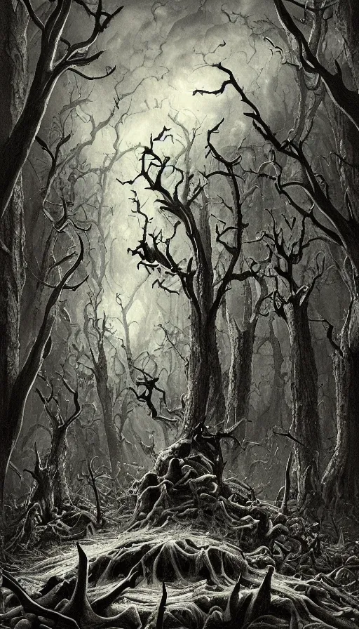 Image similar to a storm vortex made of many demonic eyes and teeth over a forest, by jesper esjing