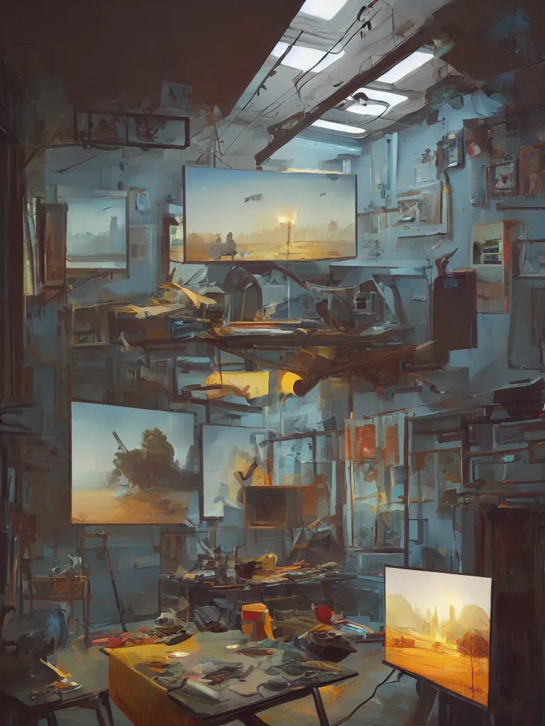 Prompt: an art studio in a painting from stalenhag, 4 k, 8 k, hdr, artstation, concept art