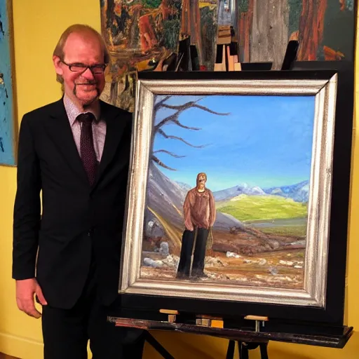 Image similar to Oil painting of Lars Vilks posing infront of Nimis