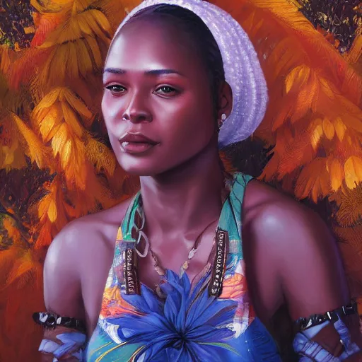 Image similar to portrait of a jamaican woman ( 3 5 ) from jamaica in 2 0 2 1, an oil painting by ross tran and thomas kincade