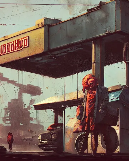 Image similar to a highly detailed epic cinematic concept art CG render digital painting artwork: Soviet diesel punk at a gas station. By Greg Rutkowski, in the style of Francis Bacon and Syd Mead and Norman Rockwell and Beksinski, open ceiling, highly detailed, painted by Francis Bacon and Edward Hopper, painted by James Gilleard, surrealism, airbrush, Ilya Kuvshinov, WLOP, Stanley Artgerm, very coherent, triadic color scheme, art by Takato Yamamoto and James Jean