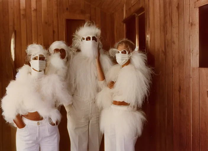 Prompt: realistic photo of the people wearing wooden masks, white fluffy cotton shorts, polished and fancy, standing in the wooden room full of wooden furniture 1 9 9 0, life magazine reportage photo