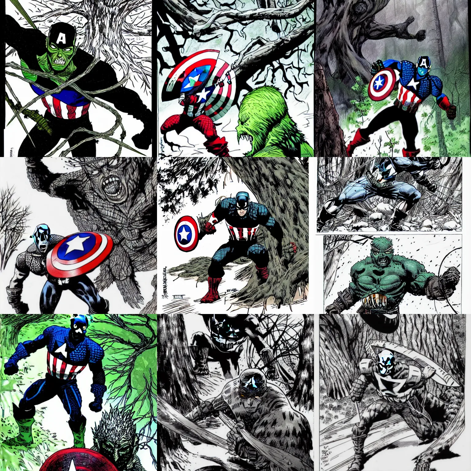 Prompt: captain america with color shield defends himself with a shield against the sword of a giant tree monster in the forest, by tsutomu nihei, black and white