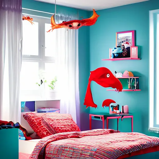 Image similar to An IKEA catalogue photo of a childrens bedroom , underwater with a vampire squid