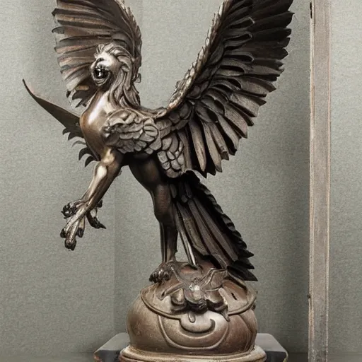 Prompt: intricate statue of gothic stoic winged flight gryphon griffin gargoyl, in an old chamber, with godrays coming from window