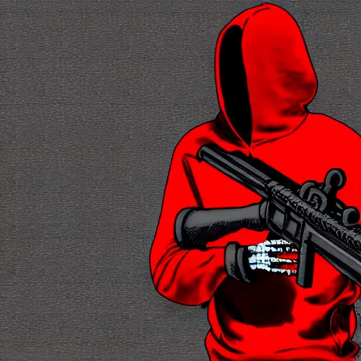 Image similar to a skeleton in a red hoodie with a rifle ultrarealism