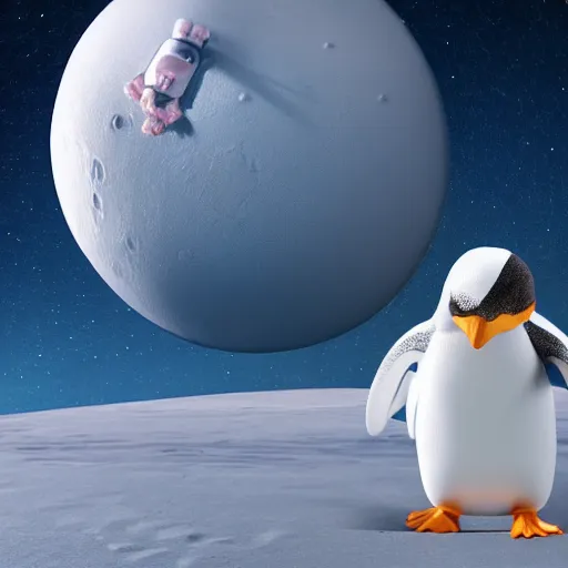 Image similar to insanely high detailed 3D render of a lazy penguin dressed in an astronaut body suit, floating in space, moon in the background, octane render, 4k, trending